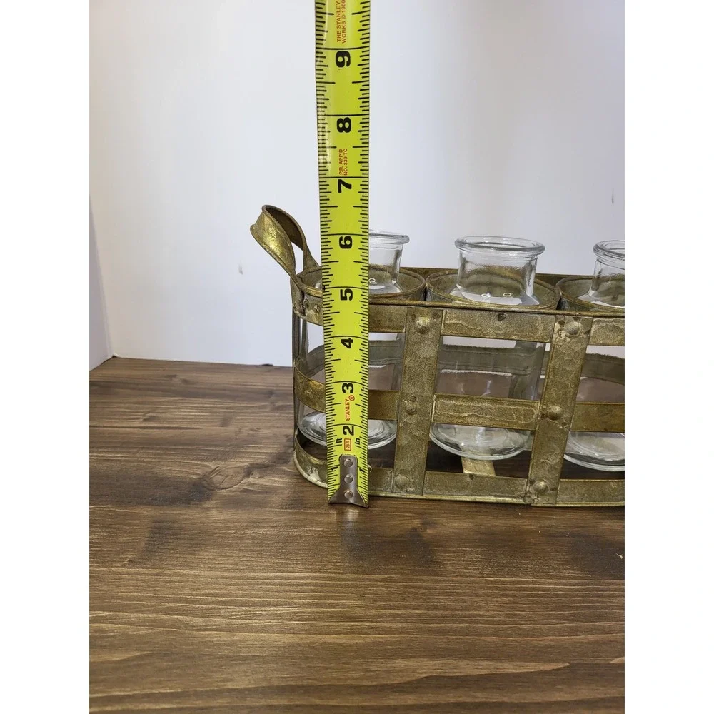 Farmhouse Gold Metal Caddy with 3 Glass Bud Vases Rustic Industrial Decor